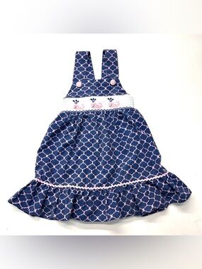 Classic Whimsy Navy Blue Pink Smocked Whale Pinafore Dress Ric Rac